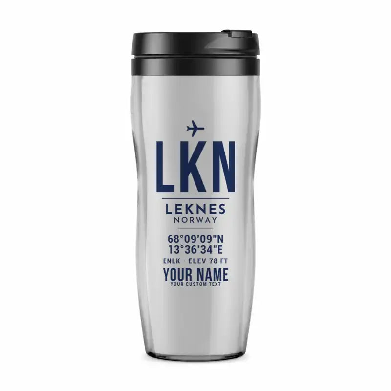 Leknes Airport (LKN) Travel Mugs - ID Tag + Name - Plastic (No Holder) - Light Gray
