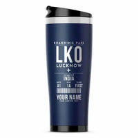 Thumbnail for Chaudhary Charan Singh International Airport (LKO) Travel Mugs - Boarding Pass + Name - Stainless Steel (No Holder) - Dark Blue