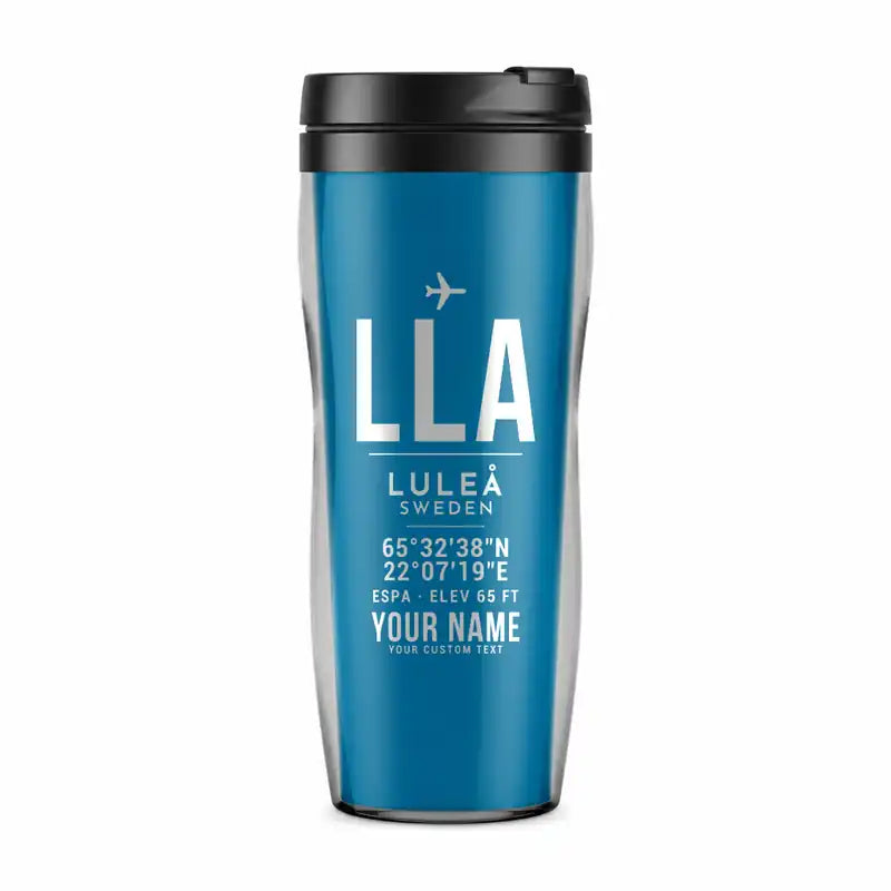 Luleå Airport (LLA) Travel Mugs - ID Tag + Name - Plastic (No Holder) - Light Blue