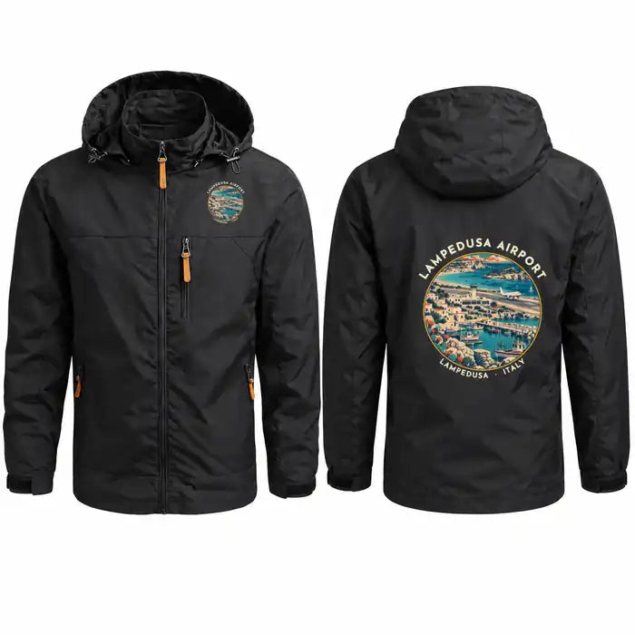 Lampedusa Airport (LMP) Stylish Jackets - Hooded Windbreaker - Badge - Black