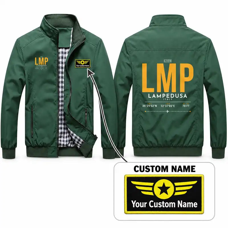 Lampedusa Airport (LMP) Stylish Jackets - Stand Collar - Tag + Name - Green