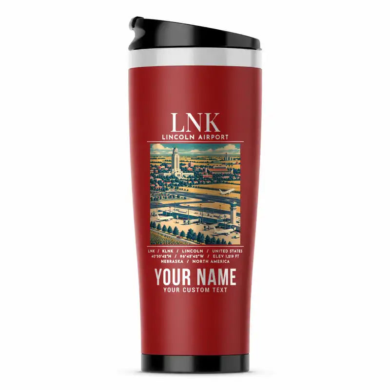 Lincoln Airport (LNK) Travel Mugs - Poster + Name - Stainless Steel (No Holder) - Red