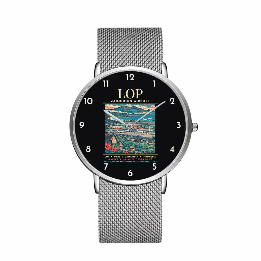 Zainuddin Abdul Madjid International Airport Lombok (LOP) Aviator Watches - Poster - Slim Mesh - Silver & Silver Stainless Steel Strap