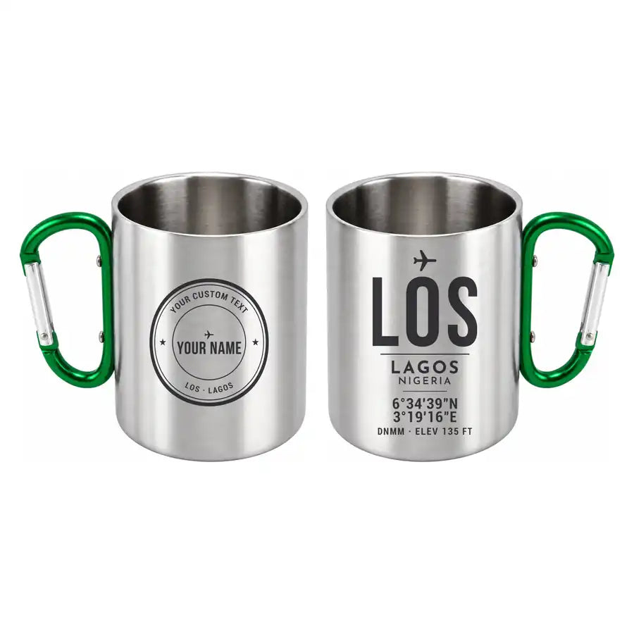 Murtala Muhammed International Airport (LOS) Stainless Steel Mugs - ID Tag + Custom Back - Outdoors Mug - Green