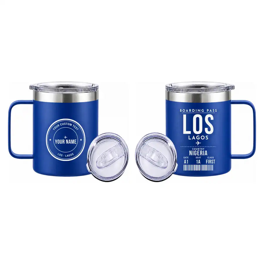 Murtala Muhammed International Airport (LOS) Stainless Steel Mugs - Boarding Pass + Custom Back - Stainless Steel Mug - 14 oz / 400ML - Blue