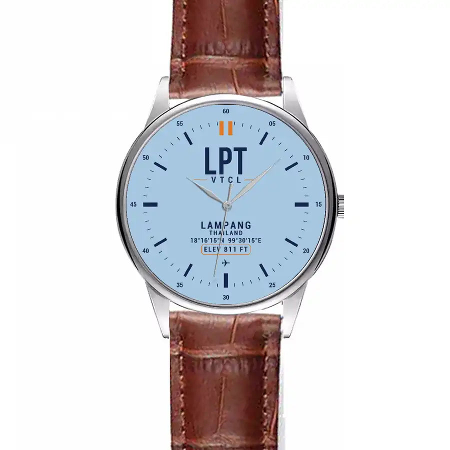 Lampang Airport (LPT) Aviator Watches - Classic - Light Blue - Leather Strap - Striped Brown Leather Strap
