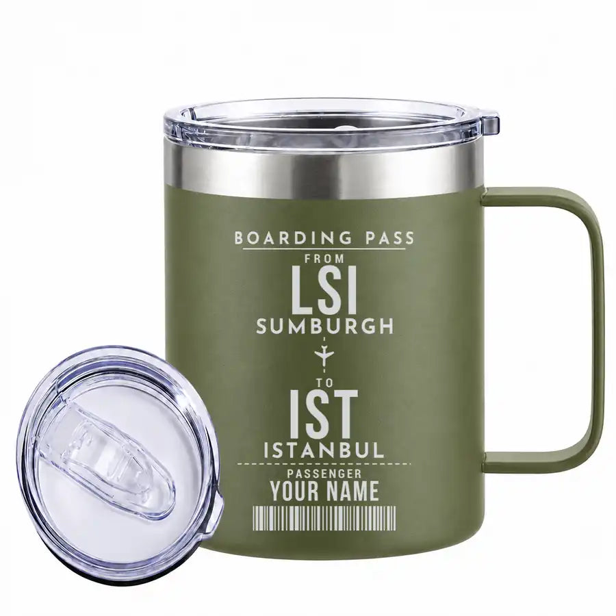 Sumburgh Airport (LSI) Stainless Steel Mugs - Customizable Boarding Pass - Stainless Steel Mug - 14 oz / 400ML - Green