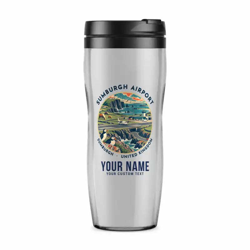 Sumburgh Airport (LSI) Travel Mugs - Badge + Name - Plastic (No Holder) - Light Gray