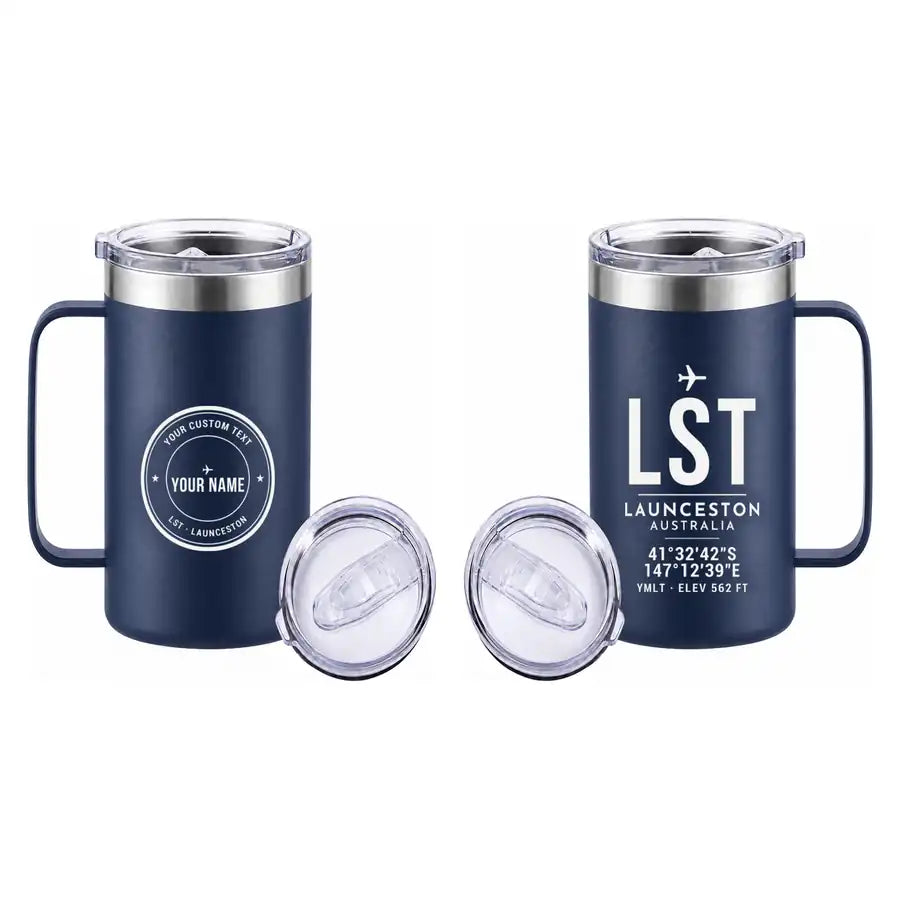 Launceston Airport (LST) Stainless Steel Mugs - ID Tag + Custom Back - Stainless Steel Mug - 24 oz / 700ML - Navy Blue