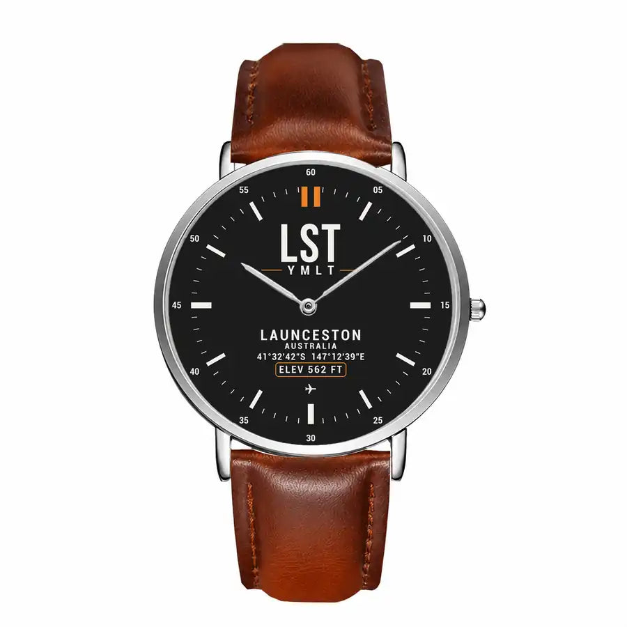 Launceston Airport (LST) Aviator Watches - Classic - Black - Slim Leather - Silver & Brown Leather Strap