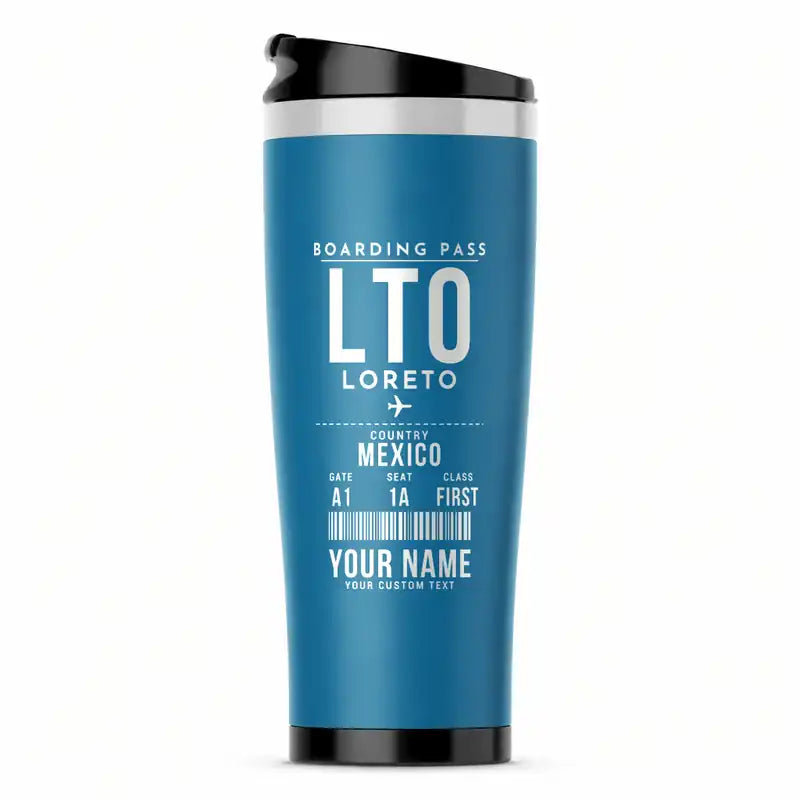 Loreto International Airport (LTO) Travel Mugs - Boarding Pass + Name - Stainless Steel (No Holder) - Light Blue