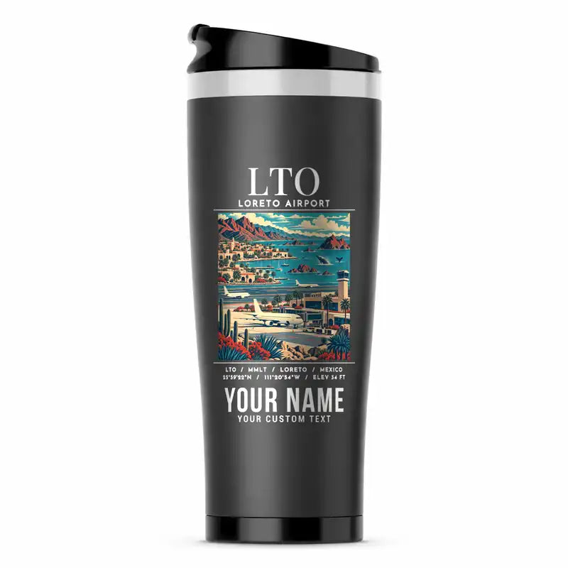 Loreto International Airport (LTO) Travel Mugs - Poster + Name - Stainless Steel (No Holder) - Gray