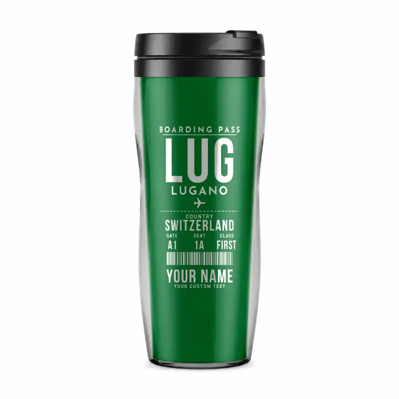 Lugano Airport (LUG) Travel Mugs - Boarding Pass + Name - Plastic (No Holder) - Green