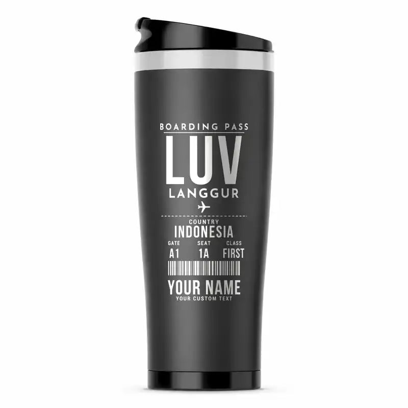 Langgur Airport (LUV) Travel Mugs - Boarding Pass + Name - Stainless Steel (No Holder) - Gray
