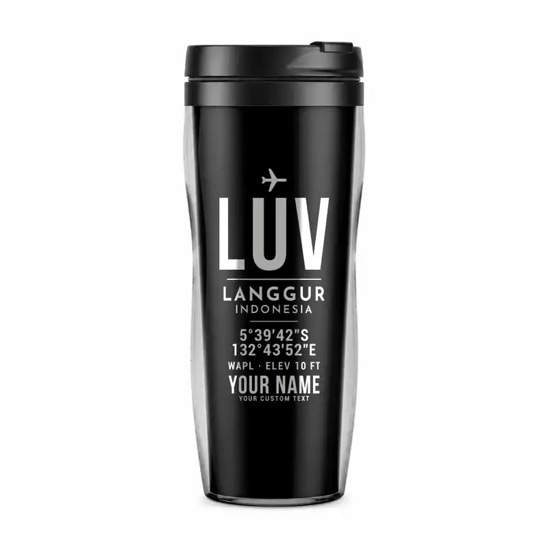 Langgur Airport (LUV) Travel Mugs - ID Tag + Name - Plastic (No Holder) - Black