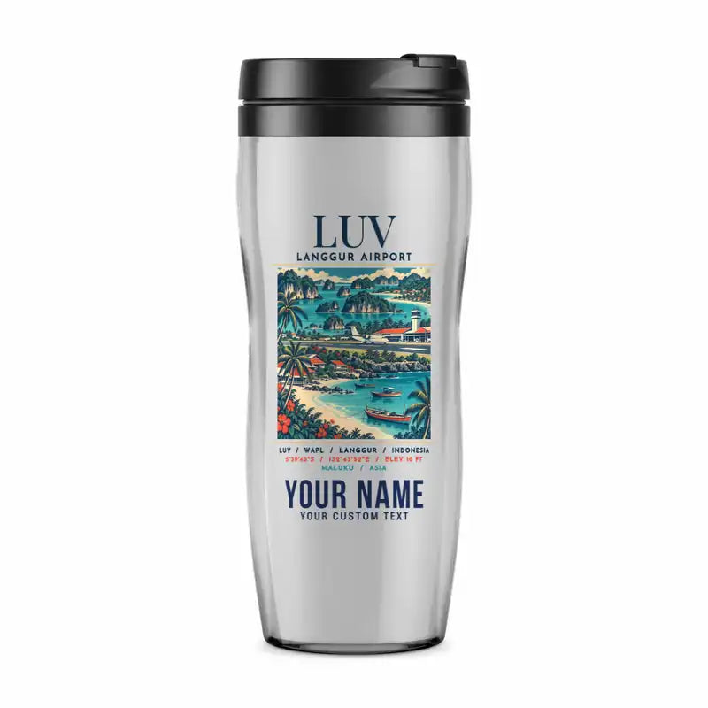Langgur Airport (LUV) Travel Mugs - Poster + Name - Plastic (No Holder) - Light Gray