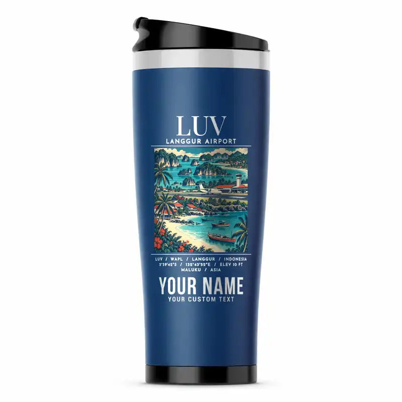 Langgur Airport (LUV) Travel Mugs - Poster + Name - Stainless Steel (No Holder) - Blue