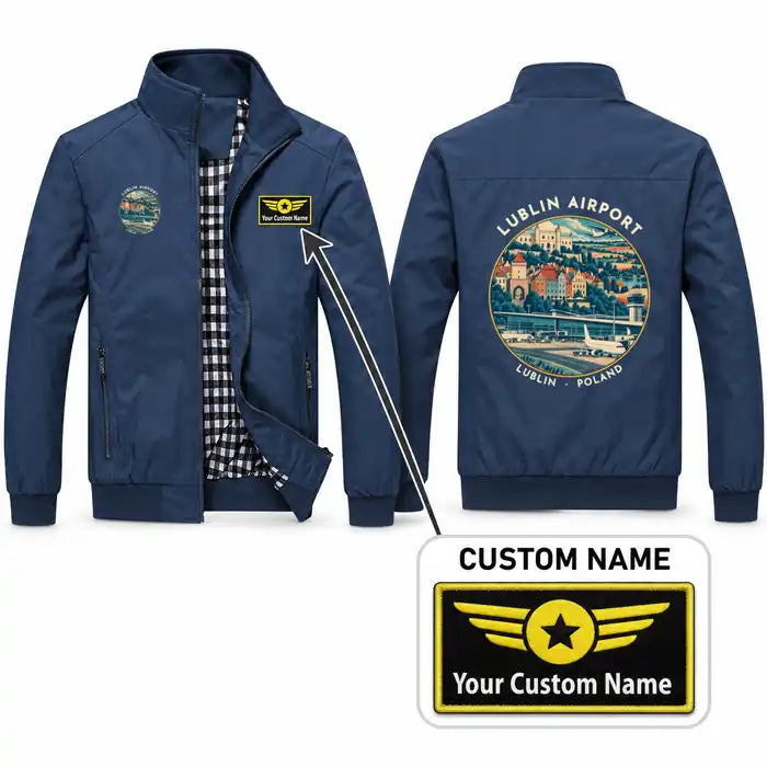 Lublin Airport (LUZ) Stylish Jackets - Stand Collar - Badge + Name - Navy Blue