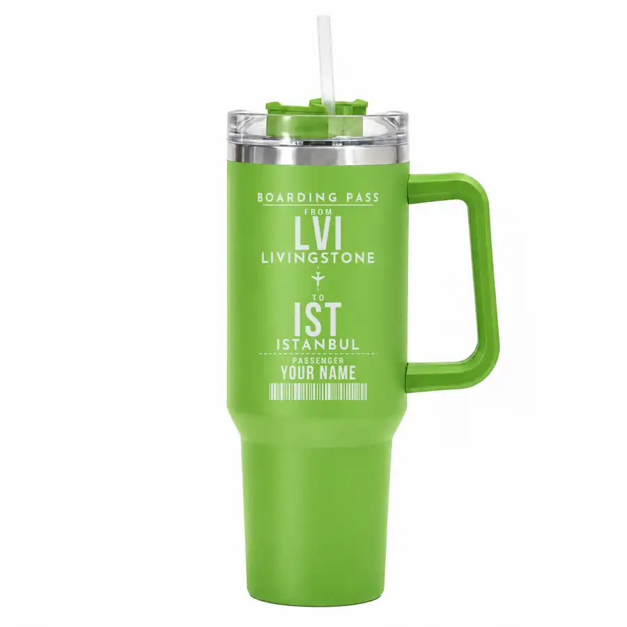 Livingstone Harry Mwanga Nkumbula International Airport (LVI) Stainless Steel Mugs - Customizable Boarding Pass - 40oz Car Mug - Green