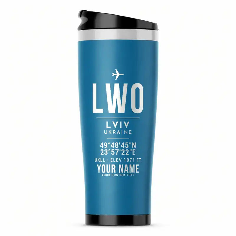 Lviv Danylo Halytskyi International Airport (LWO) Travel Mugs - ID Tag + Name - Stainless Steel (No Holder) - Light Blue