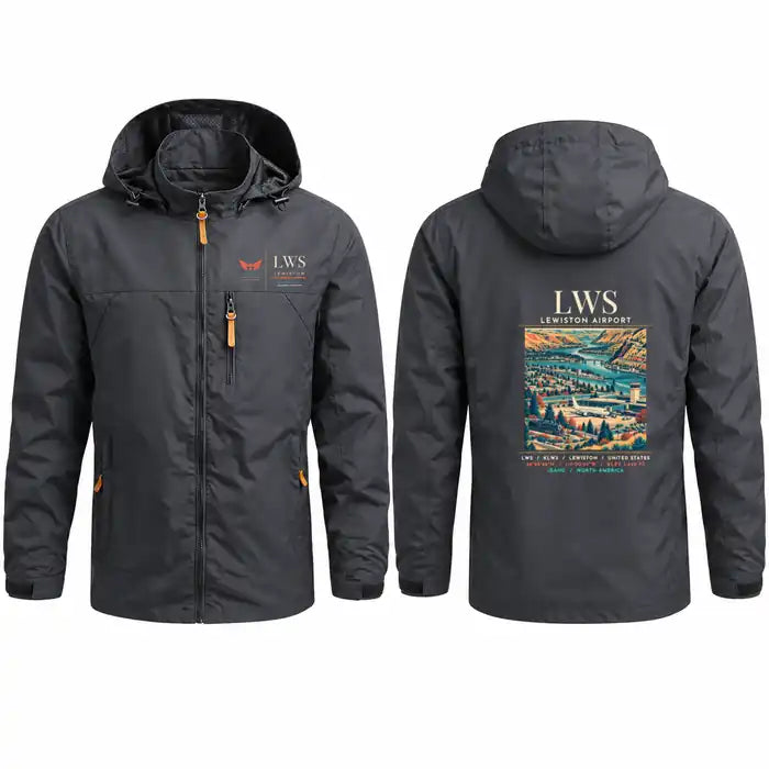 Lewiston–Nez Perce County Airport (LWS) Stylish Jackets - Hooded Windbreaker - Poster - Charcoal