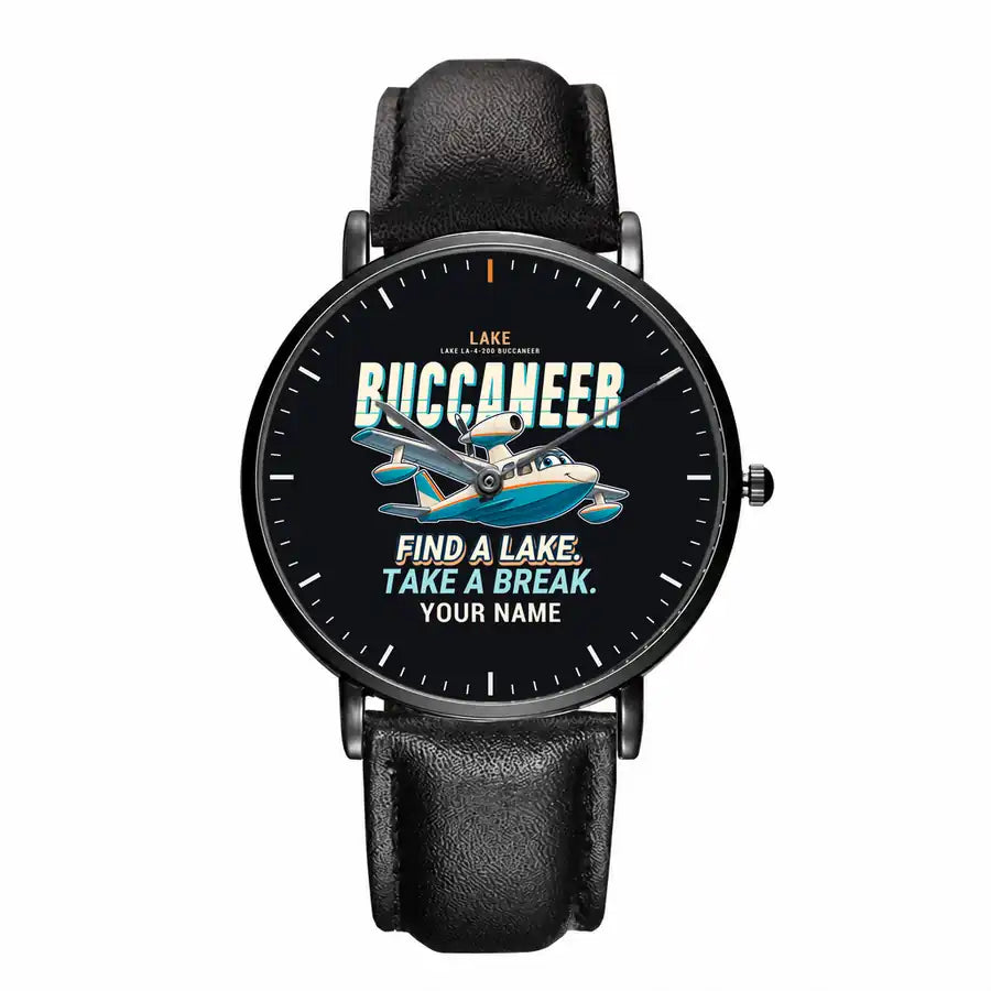 Lake LA-4-200 Buccaneer - Cartoon + Name - Slim Leather - Black and Black Leather Strap
