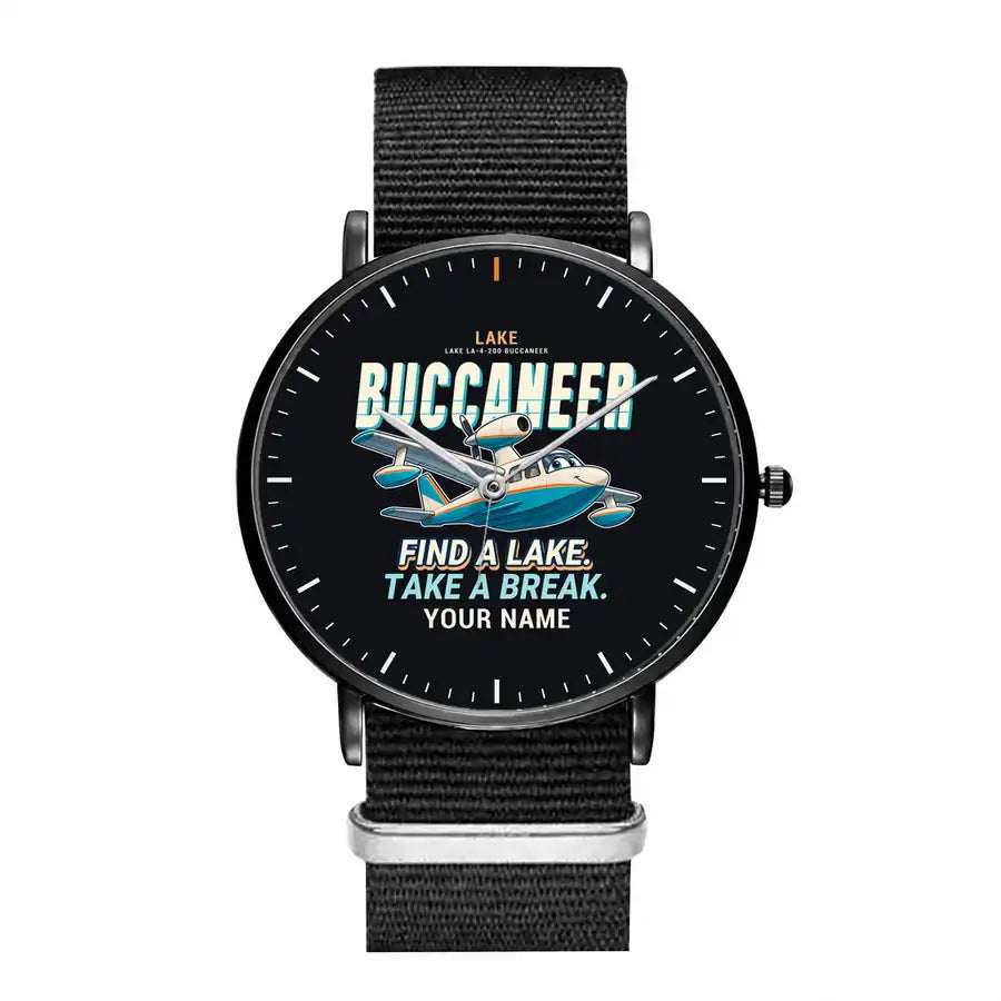 Lake LA-4-200 Buccaneer - Cartoon + Name - Slim Leather - Black and Black Nylon Strap