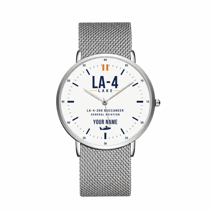 Lake LA-4-200 Buccaneer - Classic - White + Name - Slim Mesh - Silver and Silver Stainless Steel Strap