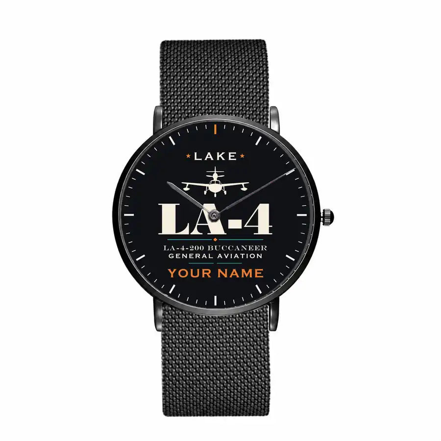 Lake LA-4-200 Buccaneer - Heritage + Name - Slim Mesh - Black and Stainless Steel Strap