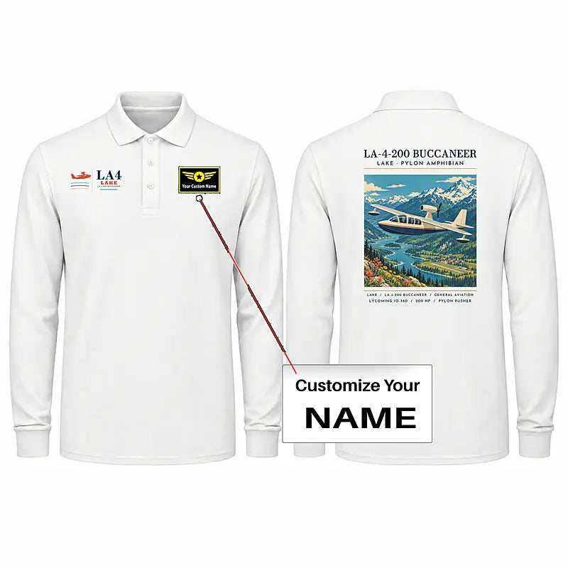 Lake LA-4-200 Buccaneer Premium Polo T-Shirts - Poster + Name - Long Sleeve - White