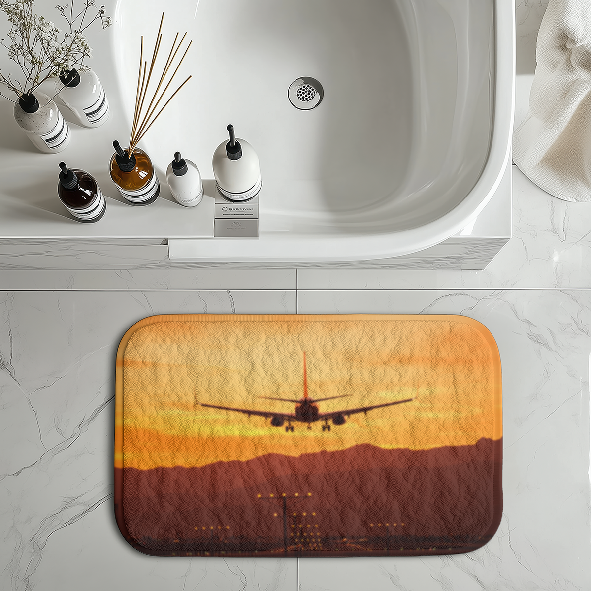 Landing Aircraft During Sunset Designed Bath Mats
