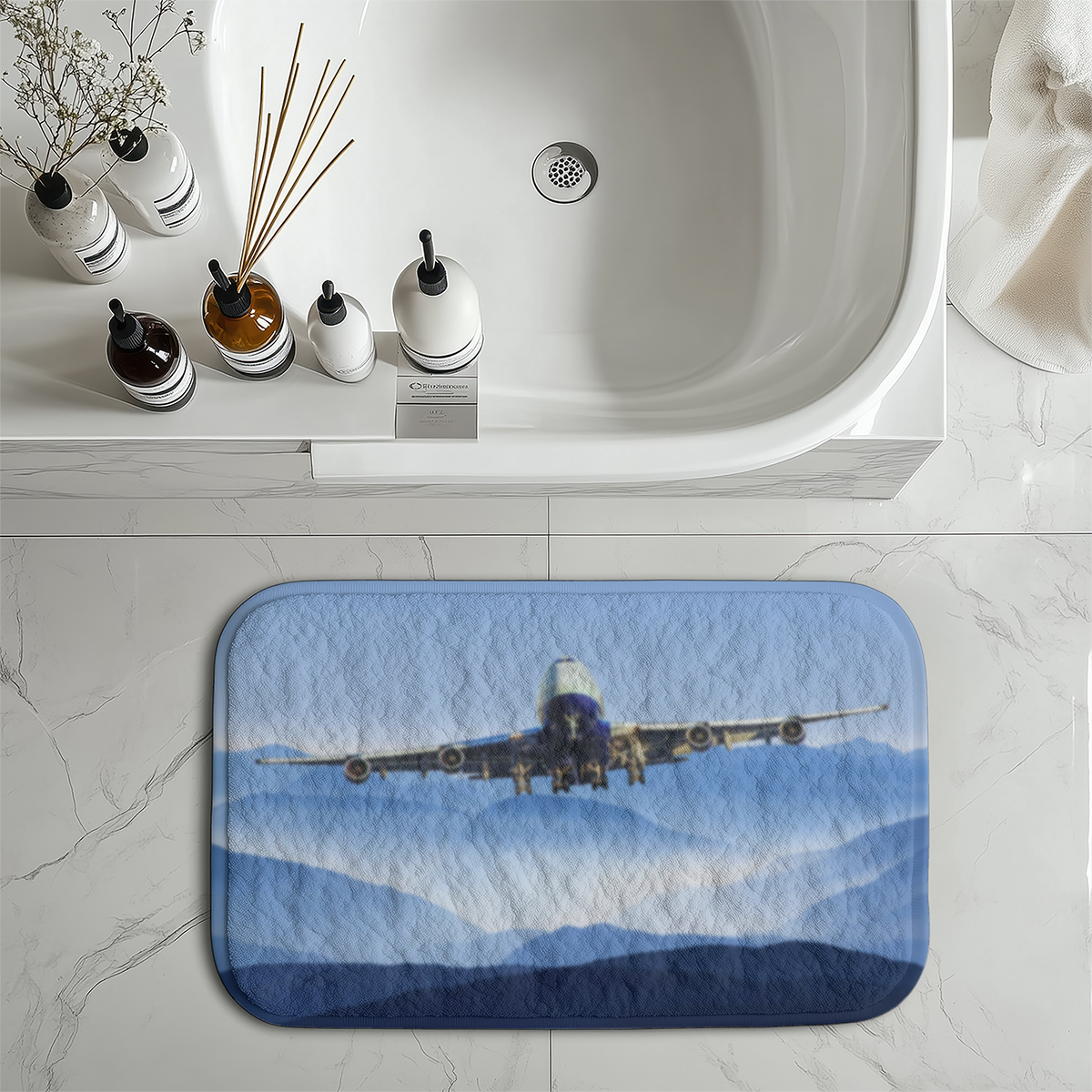 Landing Boeing 747 From Front Designed Bath Mats