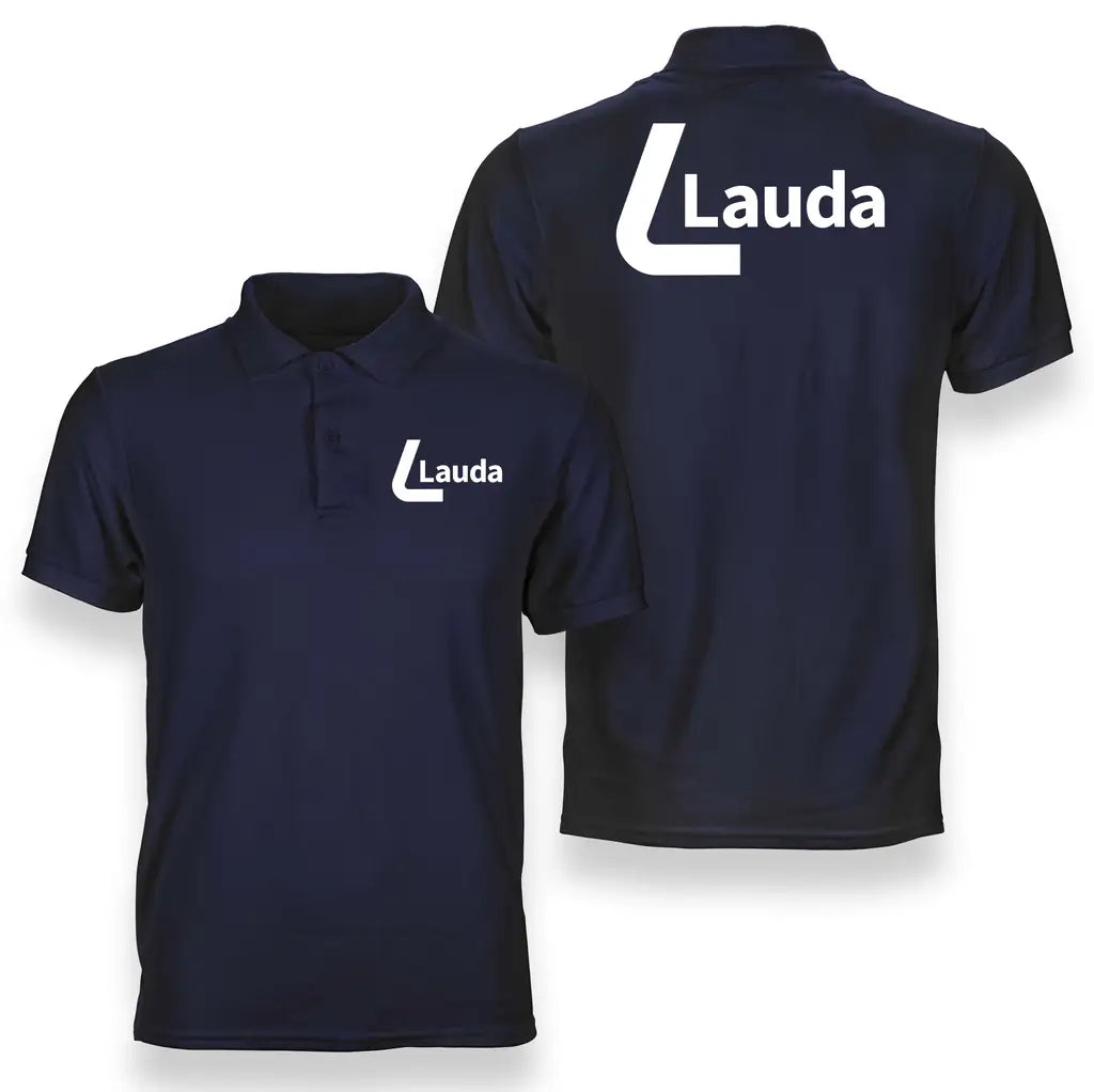 Lauda logo on navy blue double side polo t shirt