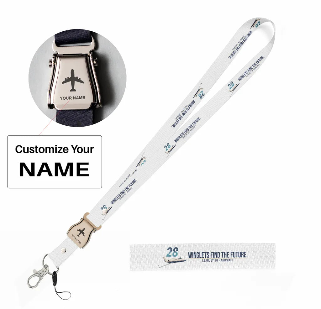 Learjet 28 seat belt lanyard - white with name
