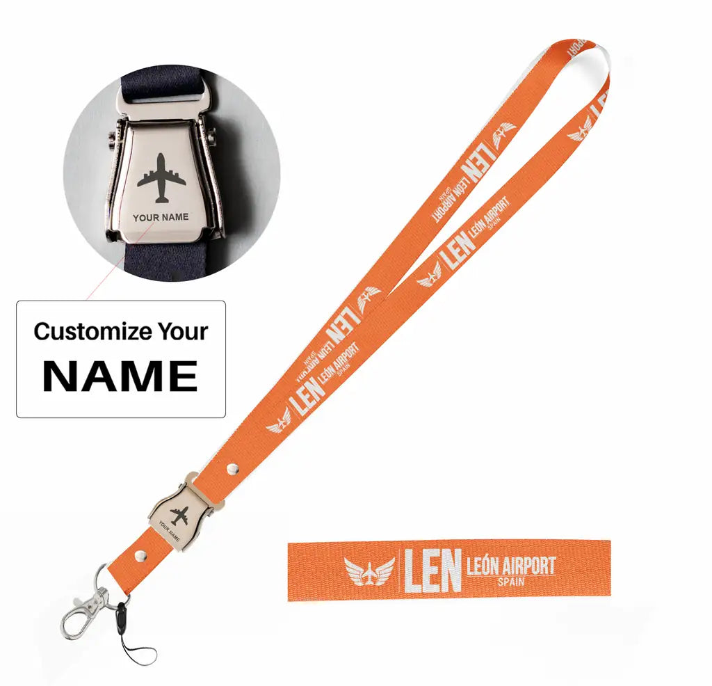 León Airport (LEN) seat belt lanyard - orange with name