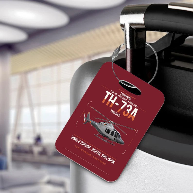 Leonardo TH-73A Thrasher design on dark red acrylic luggage tags, double-side print