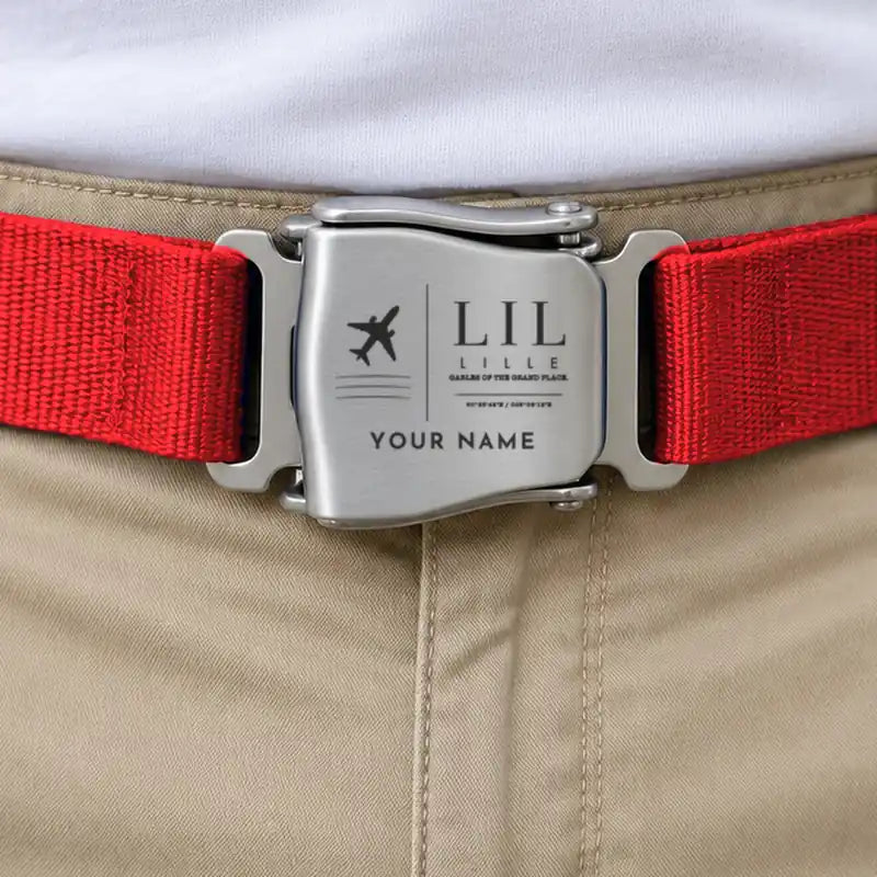 Lille Airport (LIL) - Fashion Airplane Seat Belts - Red+ Dark Color LOGO+Name