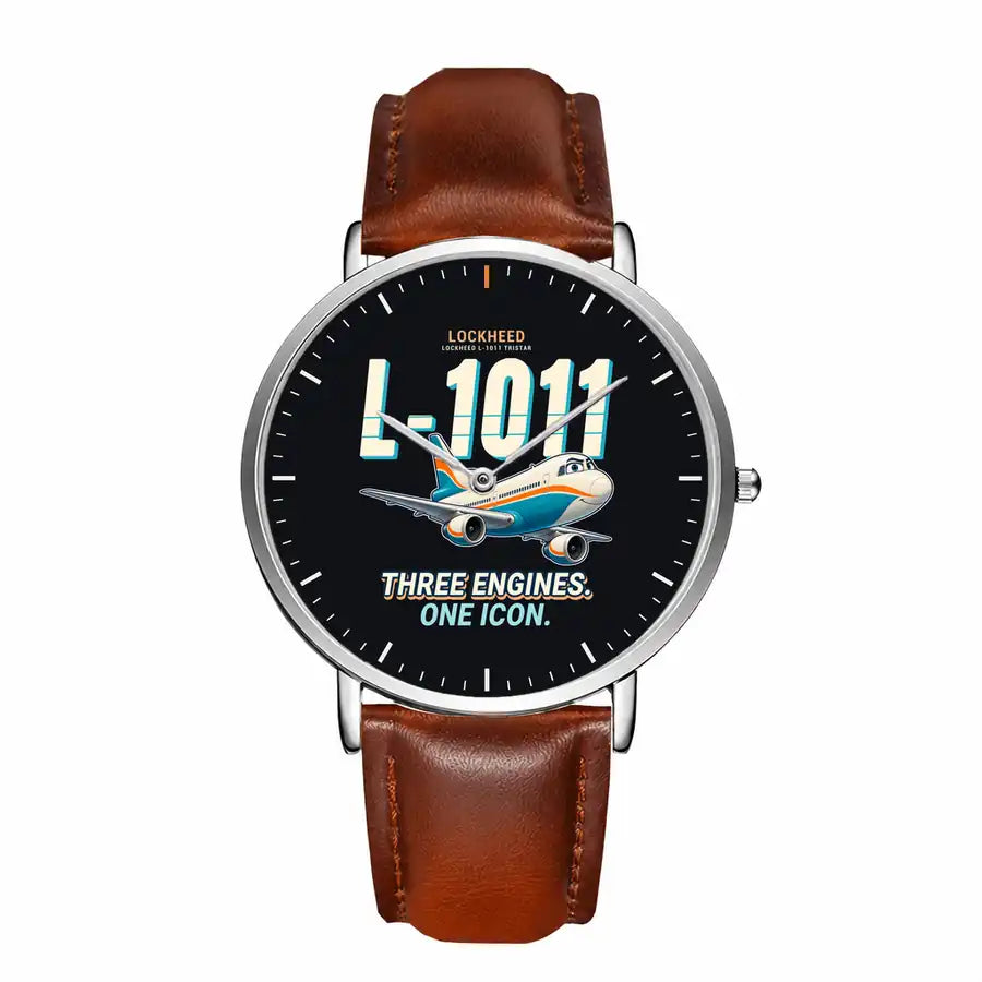 L-1011 TriStar - Cartoon - Slim Leather - Silver and Brown Leather Strap