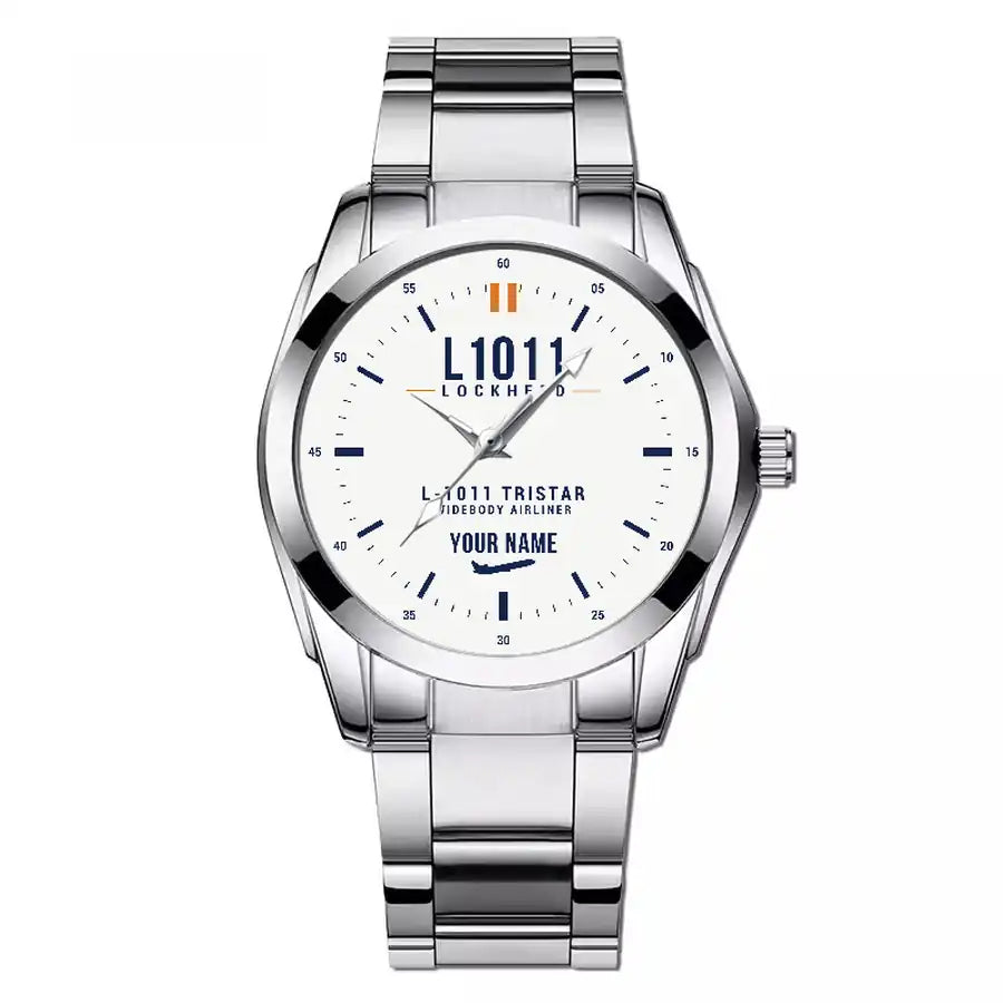 L-1011 TriStar - Classic - White + Name - Stainless Steel Band - For Men