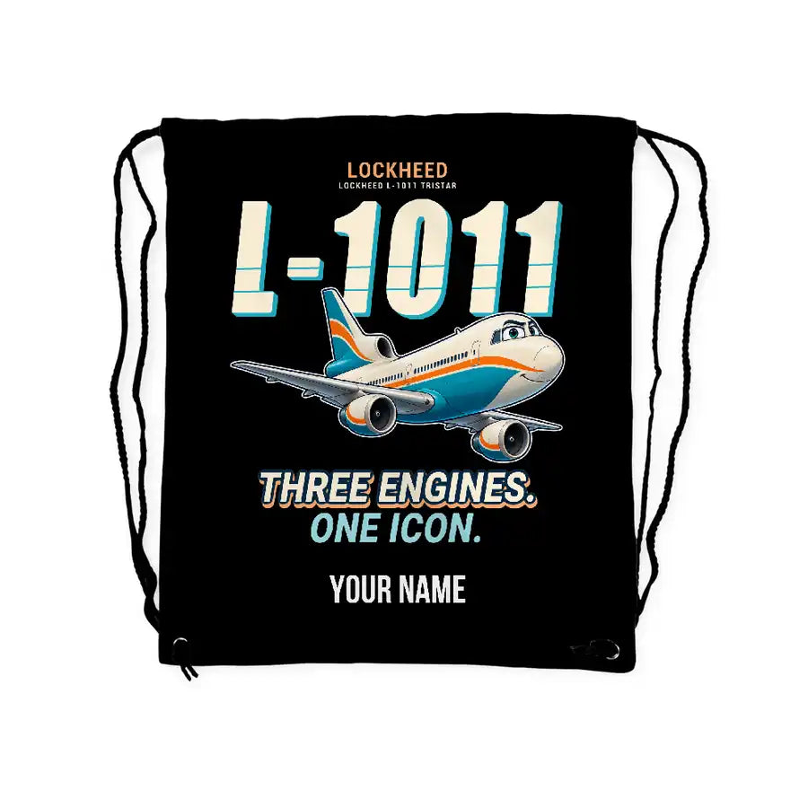 Lockheed L-1011 TriStar - Drawstring Bag - Cartoon + Name - Black