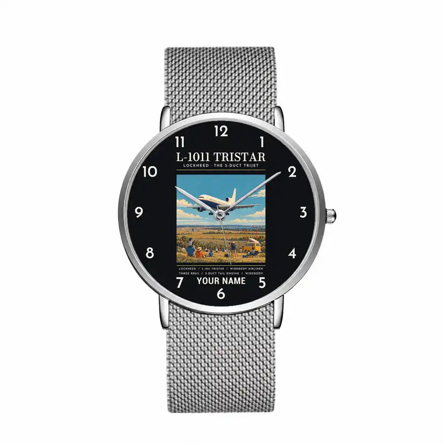 L-1011 TriStar - Poster + Name - Slim Mesh - Silver and Silver Stainless Steel Strap