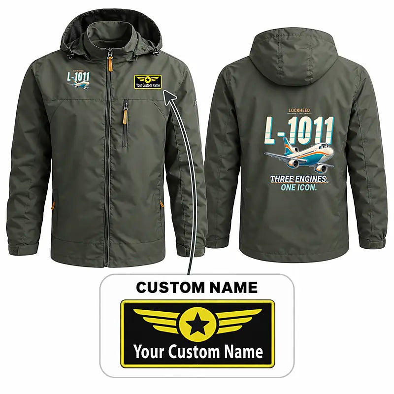 Lockheed L-1011 TriStar Stylish Jackets - Hooded Windbreaker - Cartoon + Name - Olive Green