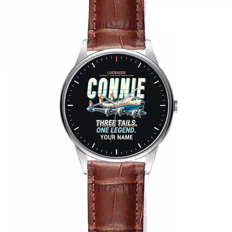 L-1049G Super Constellation - Cartoon + Name - Leather Strap - Striped Brown Leather Strap