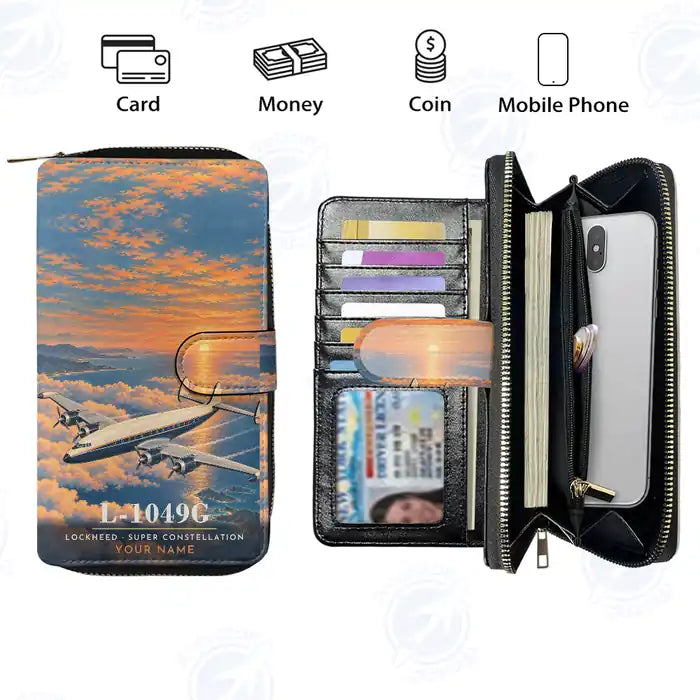 Lockheed L-1049G Super Constellation Leather Wallets - Zip Long Wallet - 3D + Name