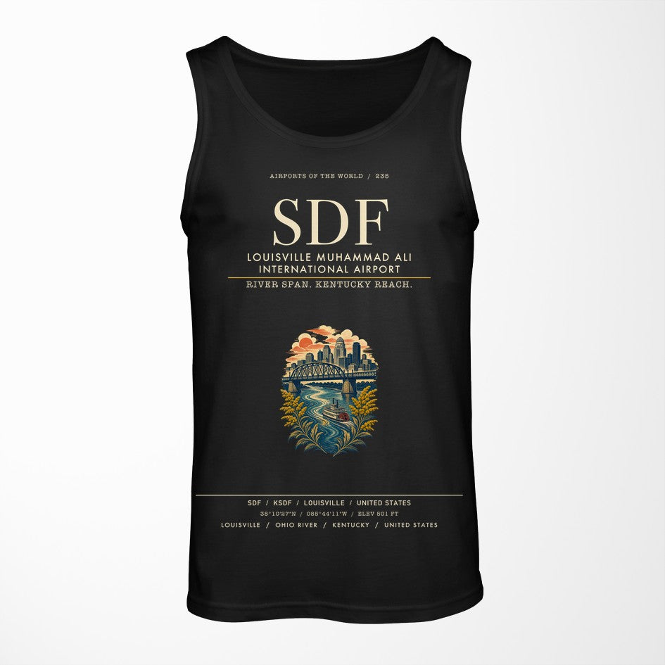 Louisville Muhammad Ali International Airport (SDF) design on black tank top