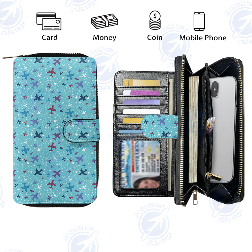 Love of Travel with Aircraft Designed Leather Long Zipper Wallets