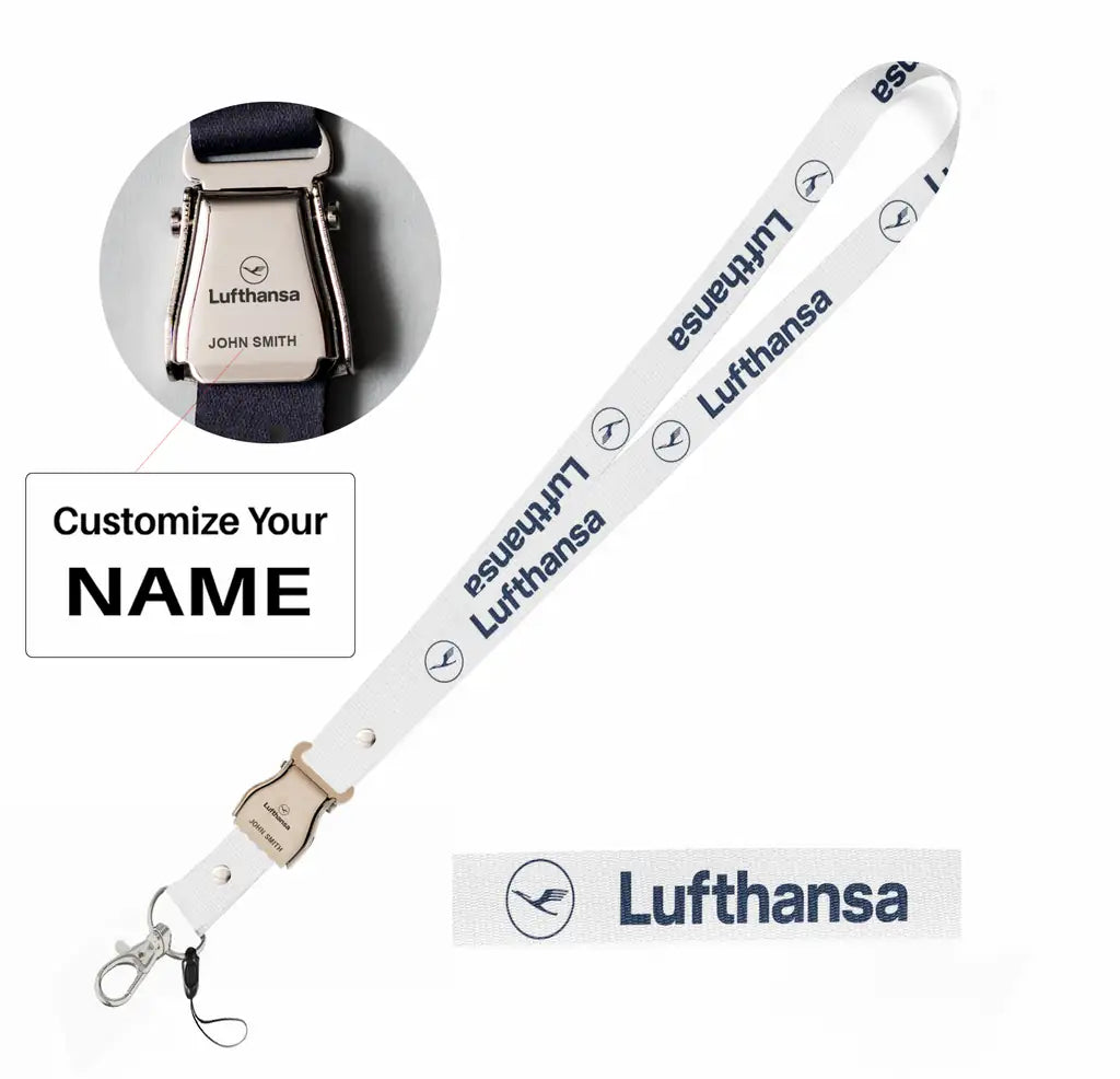 Lufthansa Airlines seat belt lanyard - white with name