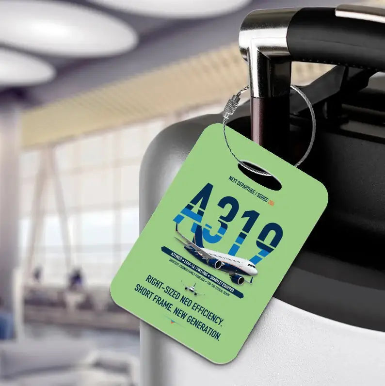 Airbus A319neo Luggage Tag design on light green luggage tag