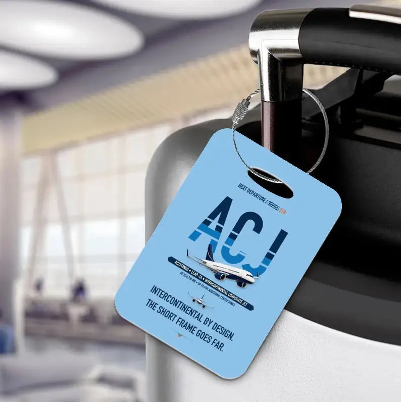 Airbus ACJ319neo Luggage Tag design on light blue luggage tag