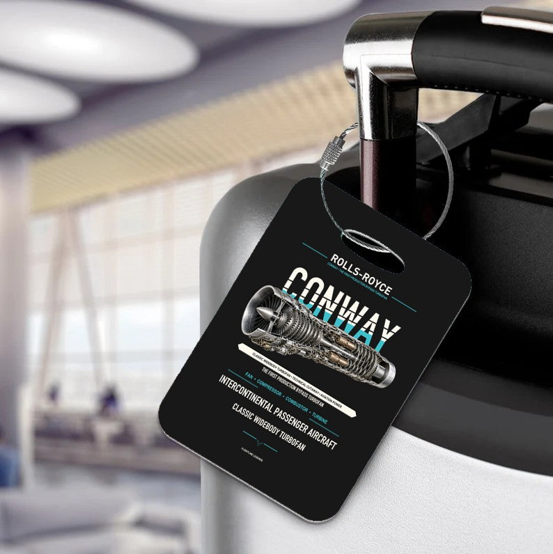 CONWAY Luggage Tag design on black luggage tag